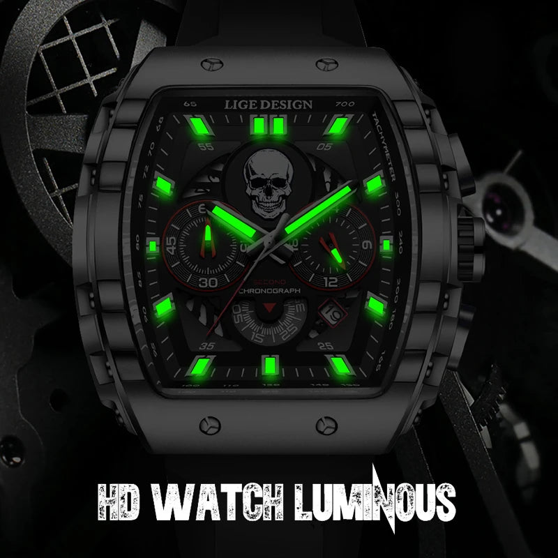 LIGE Skeleton Skull Dial Sport Army Watches Mens Fashion Luxury Waterproof Quartz Watch Chronograph Montre Homme