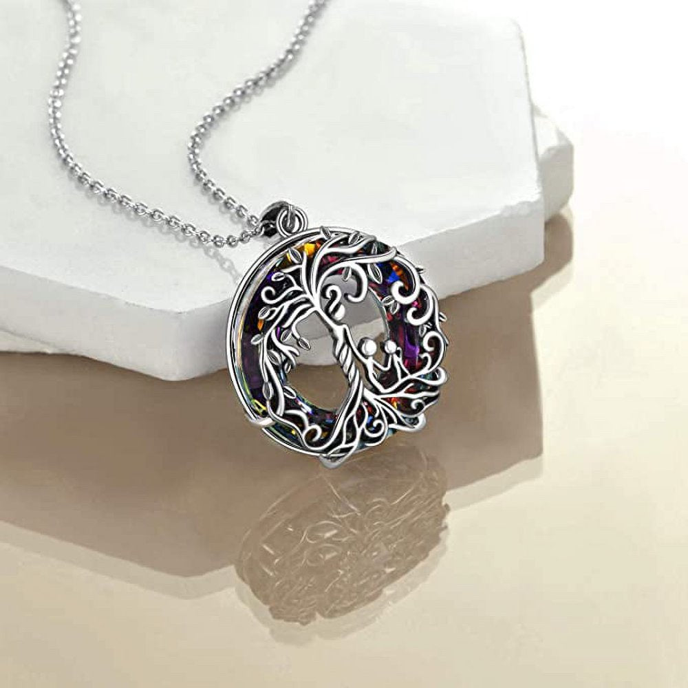 Mother Child Necklace S925 Sterling Silver Tree of Life Mother and 1 Child Family Tree Pendant Necklaces with Blue Crystal Jewelry Gifts for Her Women Mom Birthday Anniversary Mothers Day