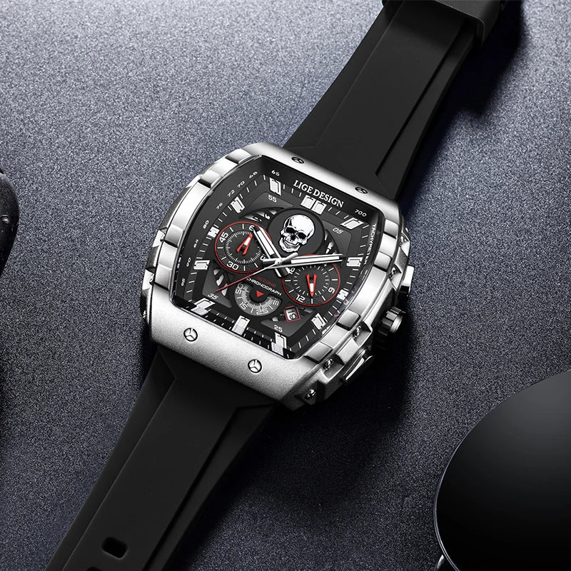 LIGE Skeleton Skull Dial Sport Army Watches Mens Fashion Luxury Waterproof Quartz Watch Chronograph Montre Homme