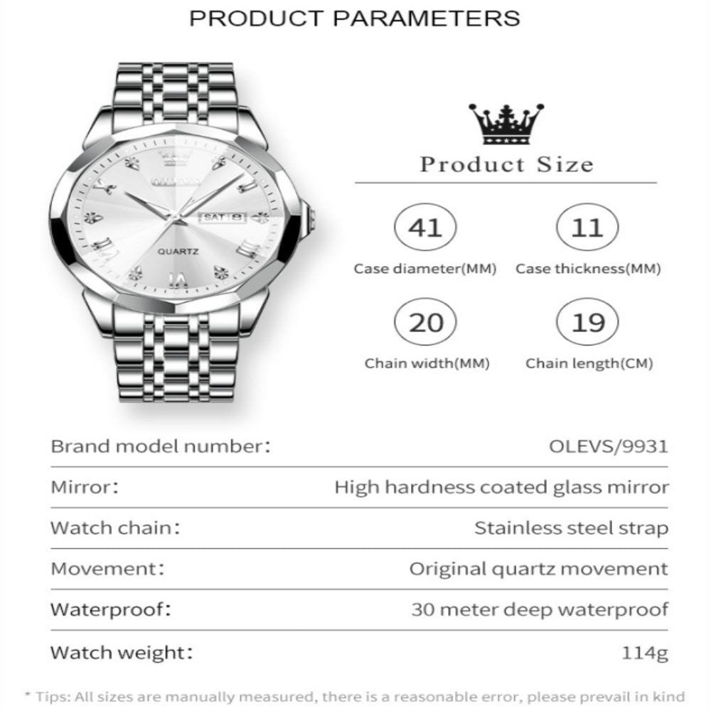 Black Watch for Men Diamond Luxury Casual Stainless Steel Date Quartz Watch Waterproof Luminous, Gifts for Men, Adult Male Wristwatch