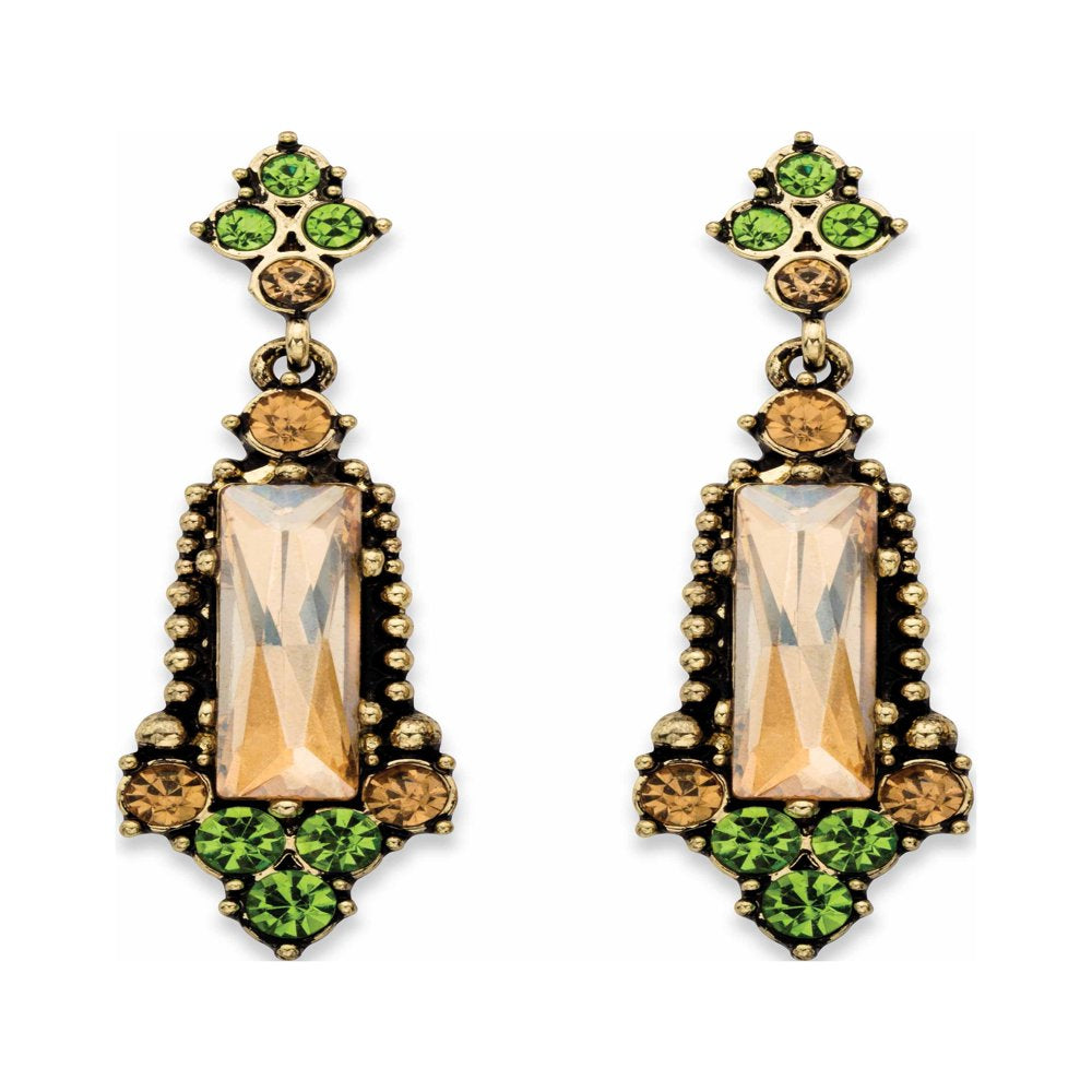 Baguette-Cut Champagne and round Green Faceted Crystal Vintage-Style Drop Earrings in Antiqued Goldtone 2"