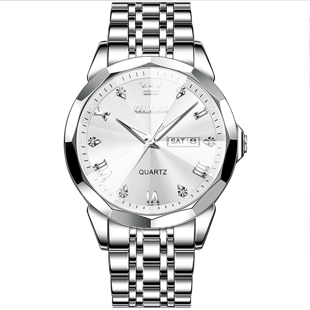 Black Watch for Men Diamond Luxury Casual Stainless Steel Date Quartz Watch Waterproof Luminous, Gifts for Men, Adult Male Wristwatch