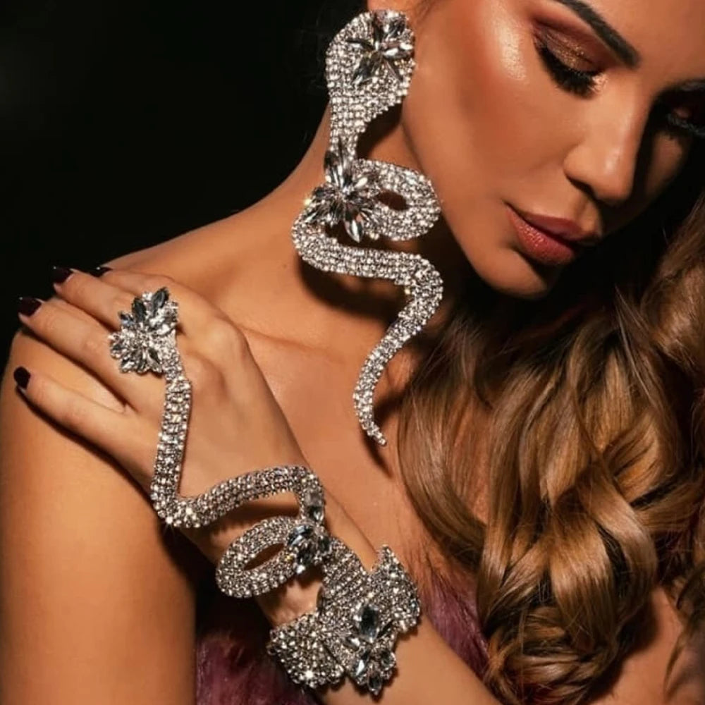 Crystal Snake Earrings Bracelet Sets Fashion Decoration 2023 Nightclub Rhinestone Exaggerated Jewelry Set for Women