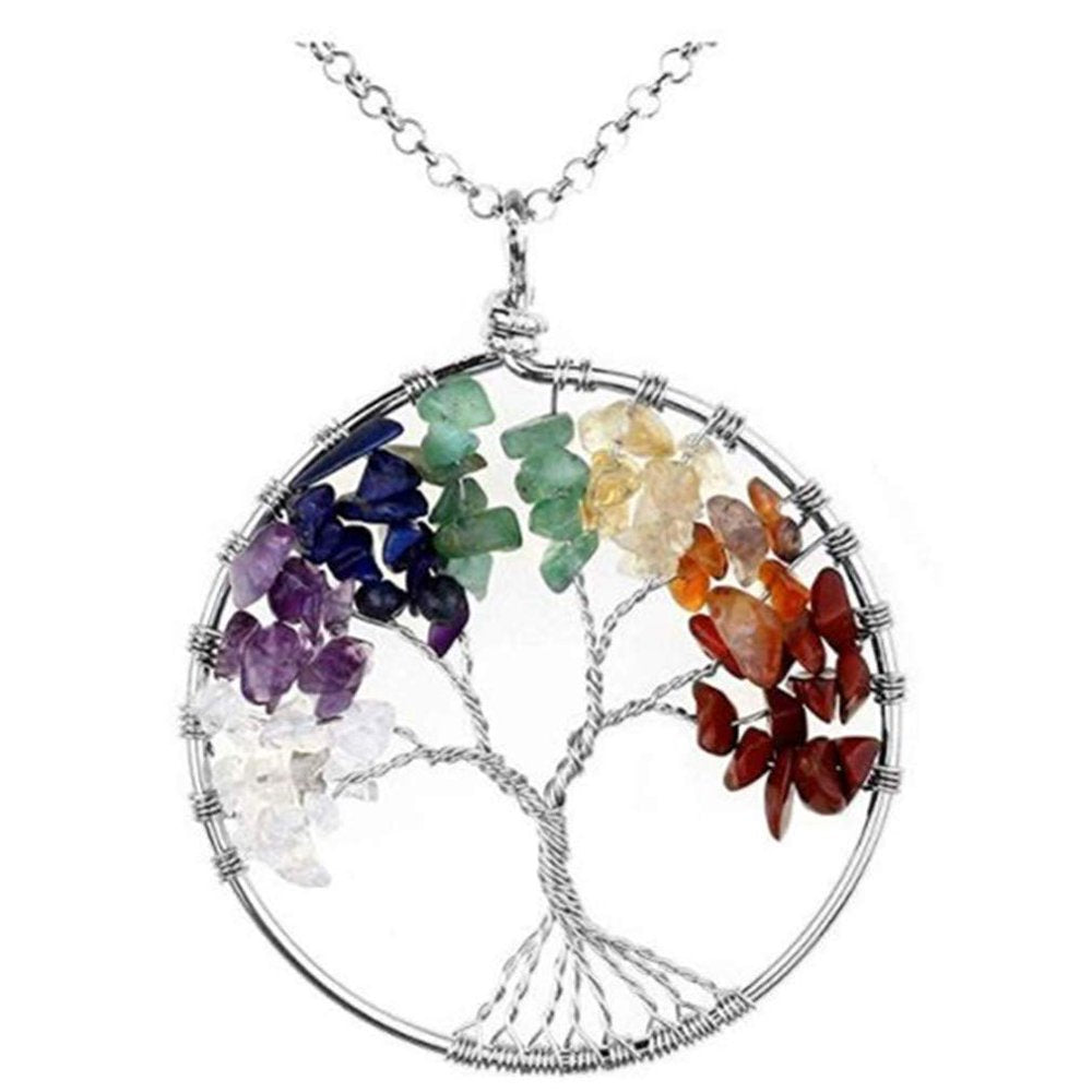 Handmade Genuine Gemstone Rainbow 7 Chakra Crystals Tree of Life Pendant Necklace