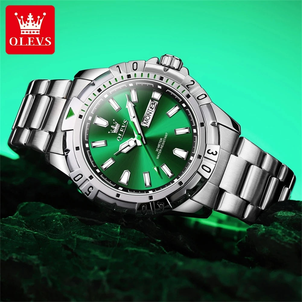 OLEVS Diving Series Quartz Wrist Watch for Men Stainless Steeel Waterproof Luminous Auto Date/Week Men'S Watches Rolex Style