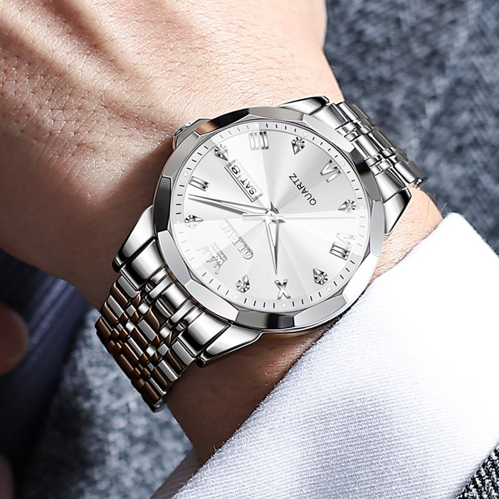 Black Watch for Men Diamond Luxury Casual Stainless Steel Date Quartz Watch Waterproof Luminous, Gifts for Men, Adult Male Wristwatch