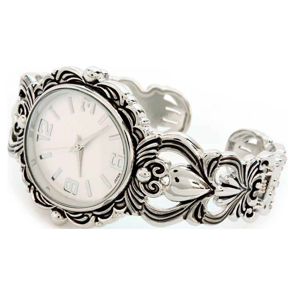 Silver Metal Decorated Large Oval Face Women'S Bangle Cuff Watch