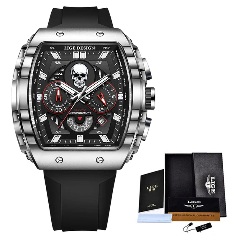 LIGE  Skeleton Skull Dial Sport Army Watches Mens Fashion Luxury Waterproof Quartz Watch Chronograph Montre Homme