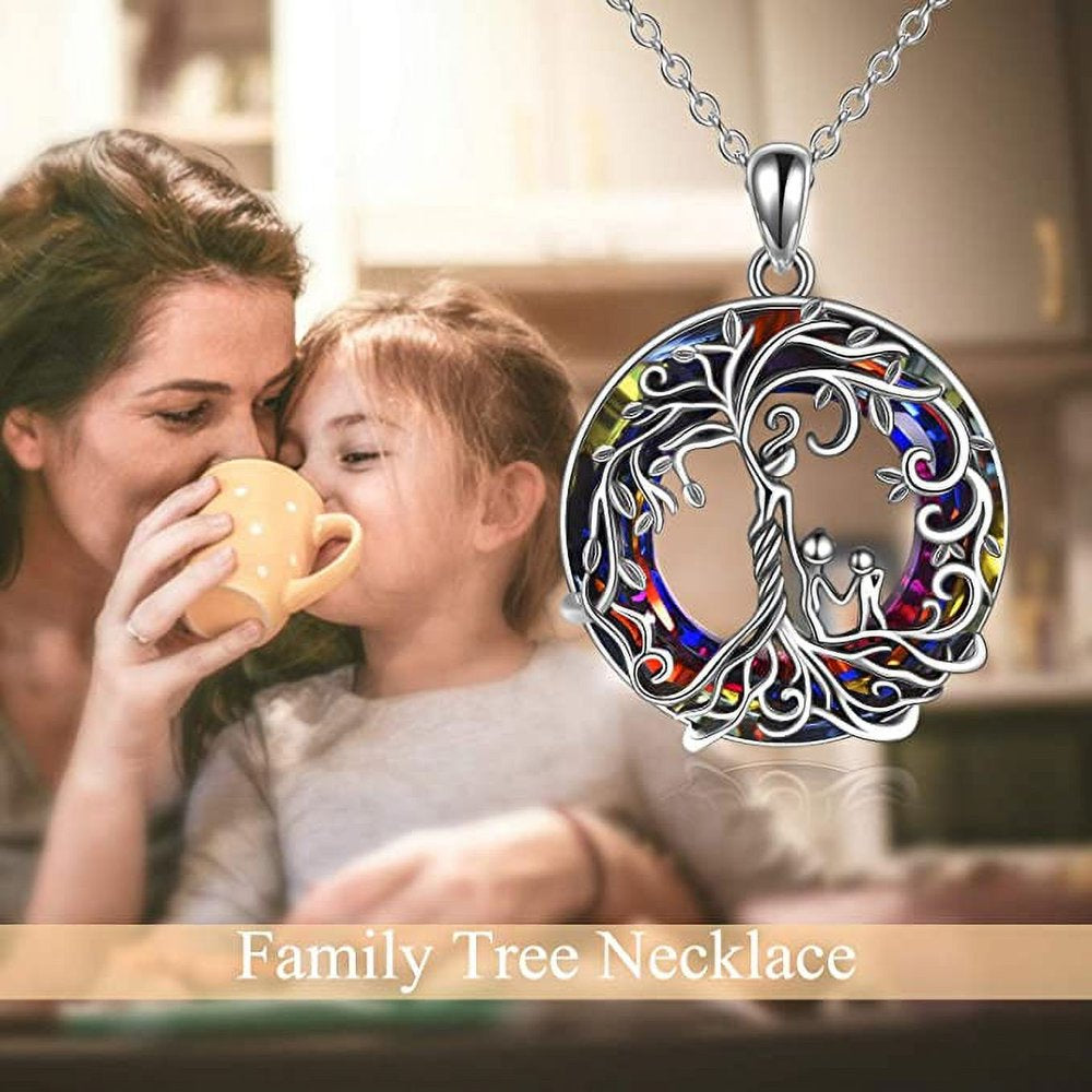 Mother Child Necklace S925 Sterling Silver Tree of Life Mother and 1 Child Family Tree Pendant Necklaces with Blue Crystal Jewelry Gifts for Her Women Mom Birthday Anniversary Mothers Day