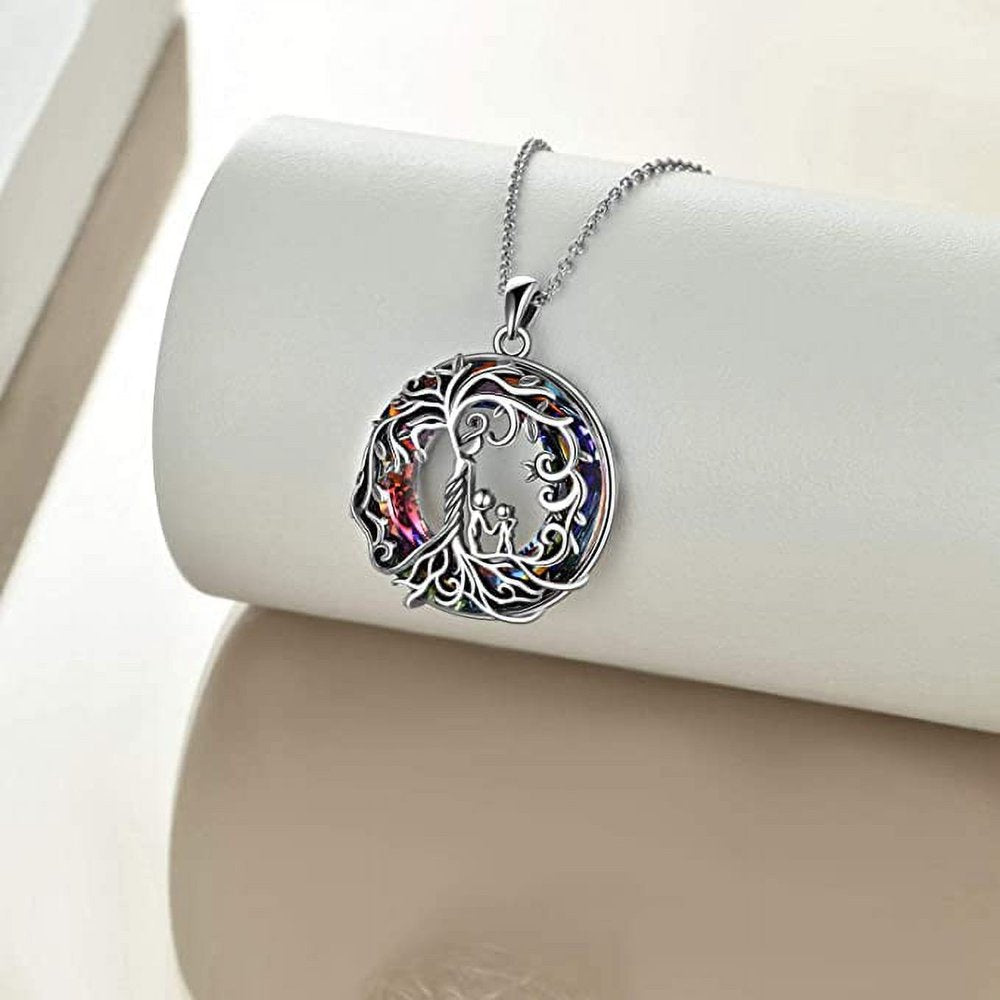 Mother Child Necklace S925 Sterling Silver Tree of Life Mother and 1 Child Family Tree Pendant Necklaces with Blue Crystal Jewelry Gifts for Her Women Mom Birthday Anniversary Mothers Day