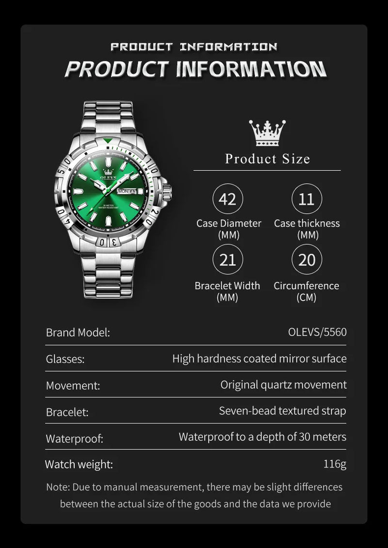 OLEVS Diving Series Quartz Wrist Watch for Men Stainless Steeel Waterproof Luminous Auto Date/Week Men'S Watches Rolex Style