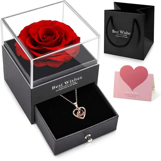 1Set Hollow Zircon Love Necklace Female MOTHER'S Day Eternal Flower Artificial Flower Gift Box Jewelry Box