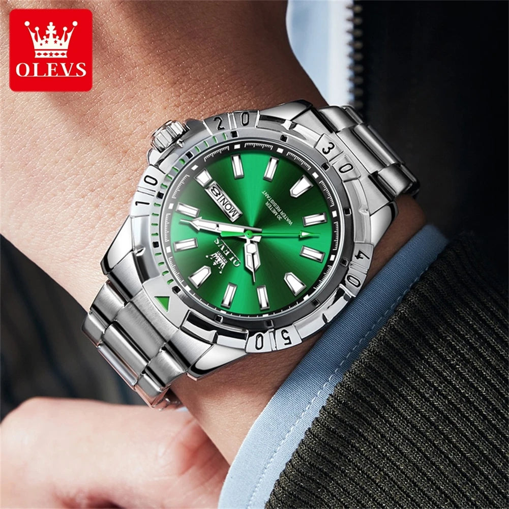 OLEVS Diving Series Quartz Wrist Watch for Men Stainless Steeel Waterproof Luminous Auto Date/Week Men'S Watches Rolex Style