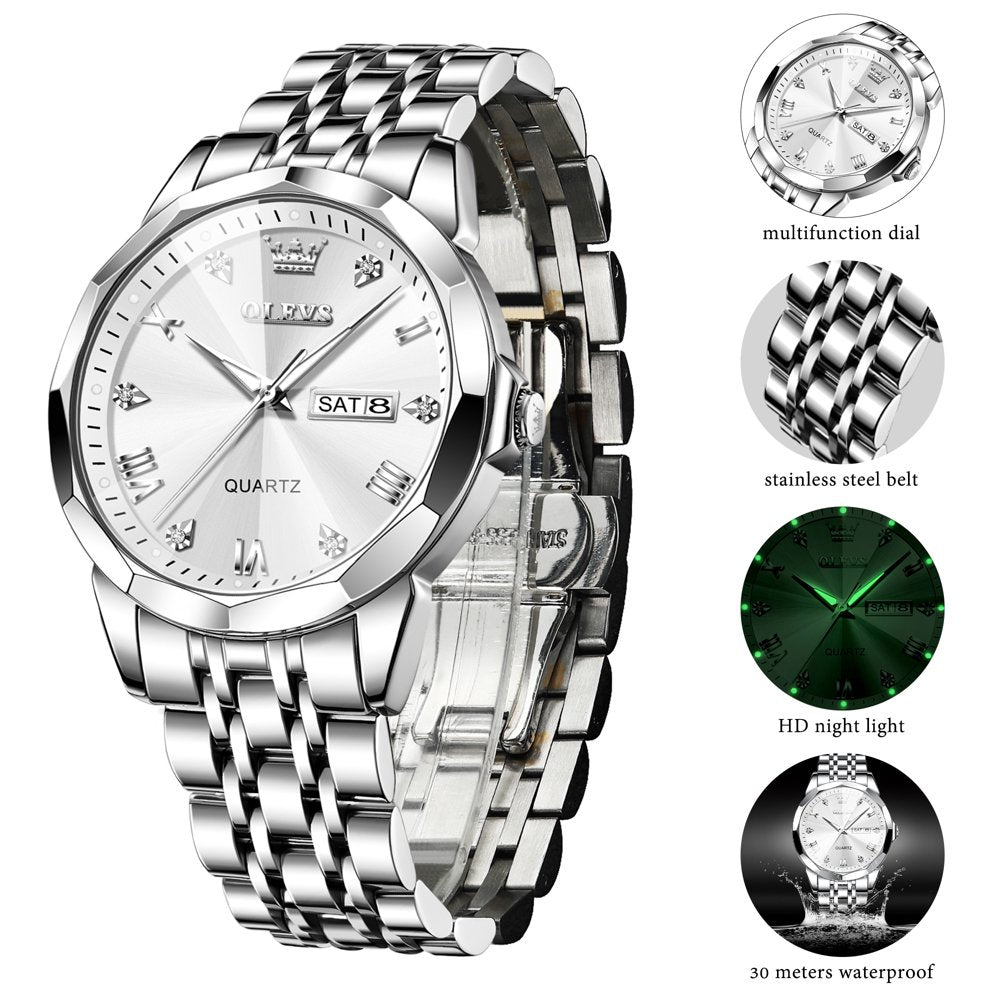 Black Watch for Men Diamond Luxury Casual Stainless Steel Date Quartz Watch Waterproof Luminous, Gifts for Men, Adult Male Wristwatch