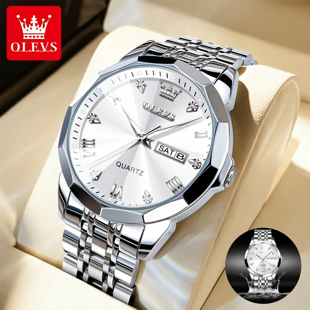 Black Watch for Men Diamond Luxury Casual Stainless Steel Date Quartz Watch Waterproof Luminous, Gifts for Men, Adult Male Wristwatch