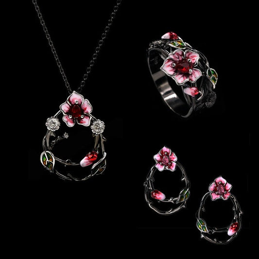 925 Stamp Jewelry Set for Women Fashion Flower Ring Necklace Earrings Creative Black Gold Three-Piece Set Wedding Bridal Jewelry