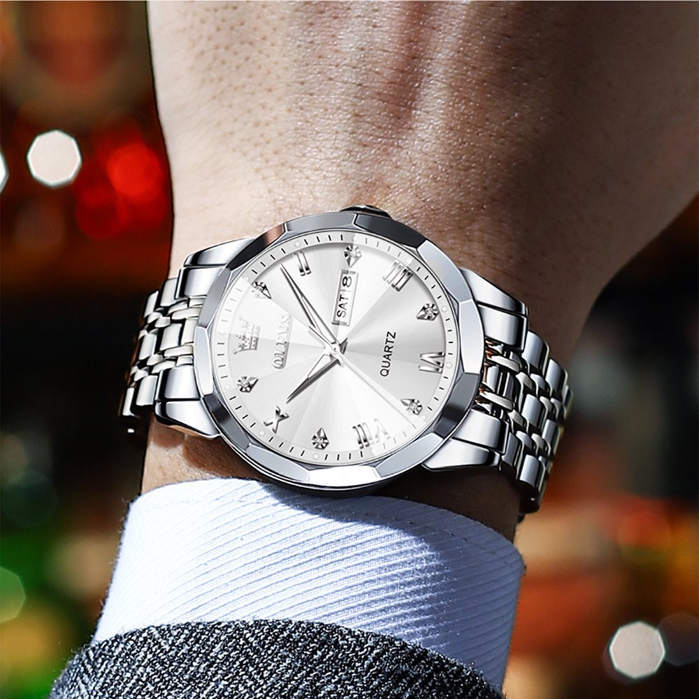 Black Watch for Men Diamond Luxury Casual Stainless Steel Date Quartz Watch Waterproof Luminous, Gifts for Men, Adult Male Wristwatch