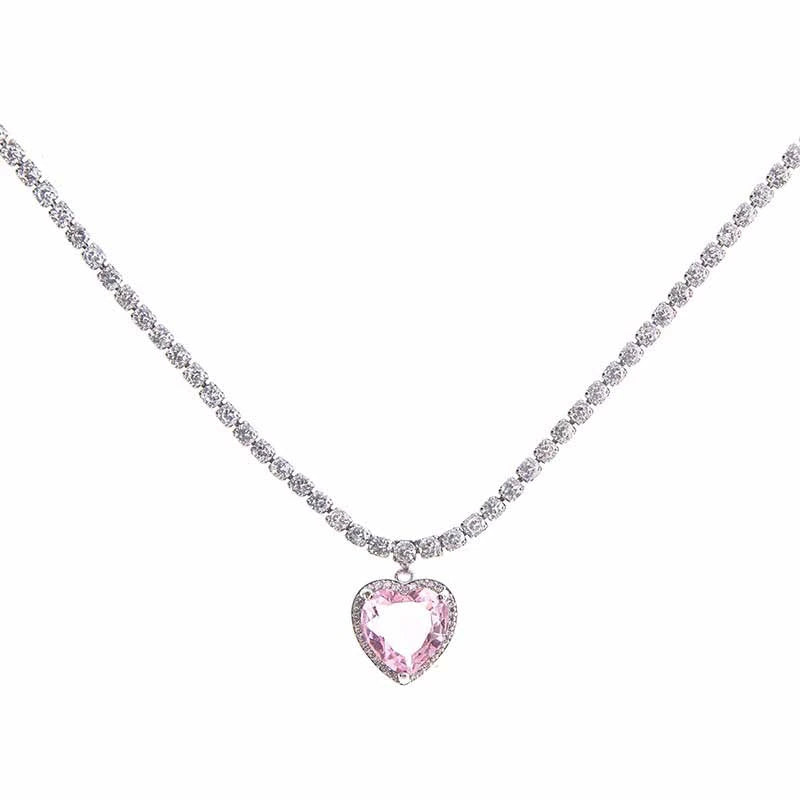 Pink Heart Pendant Necklace for Women Lovers Rhinestione Clavicle Chain Chocker Female Cute Crystal Moonstone Jewlery Gifts